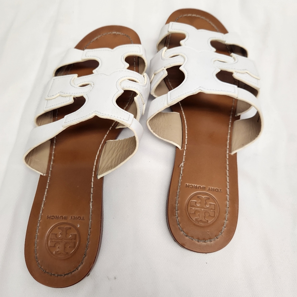Tory Burch White Leather Anchor Flat Slides Size 6.5 - Picture 5 of 8
